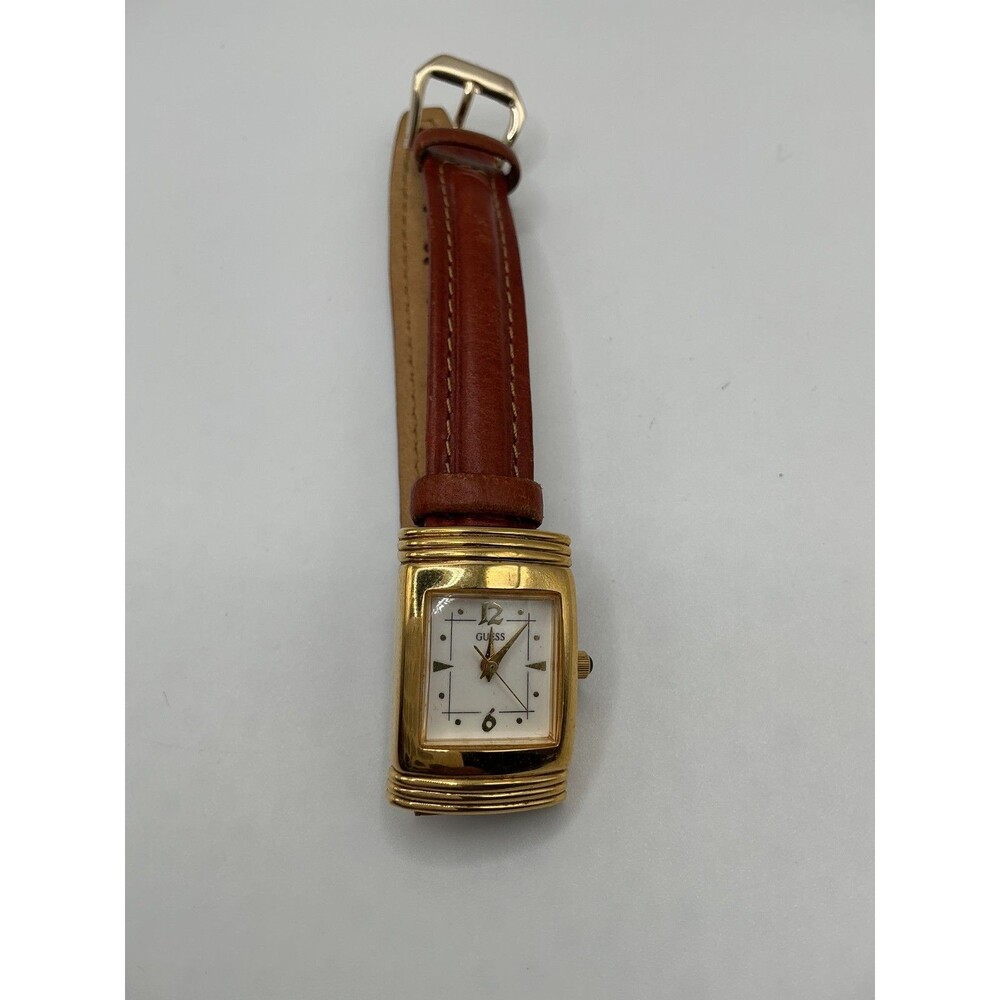 VINTAGE GUESS LADIES GOLD TONE RECTANGULAR CASE WATCH BROWN LEATHER STRAP